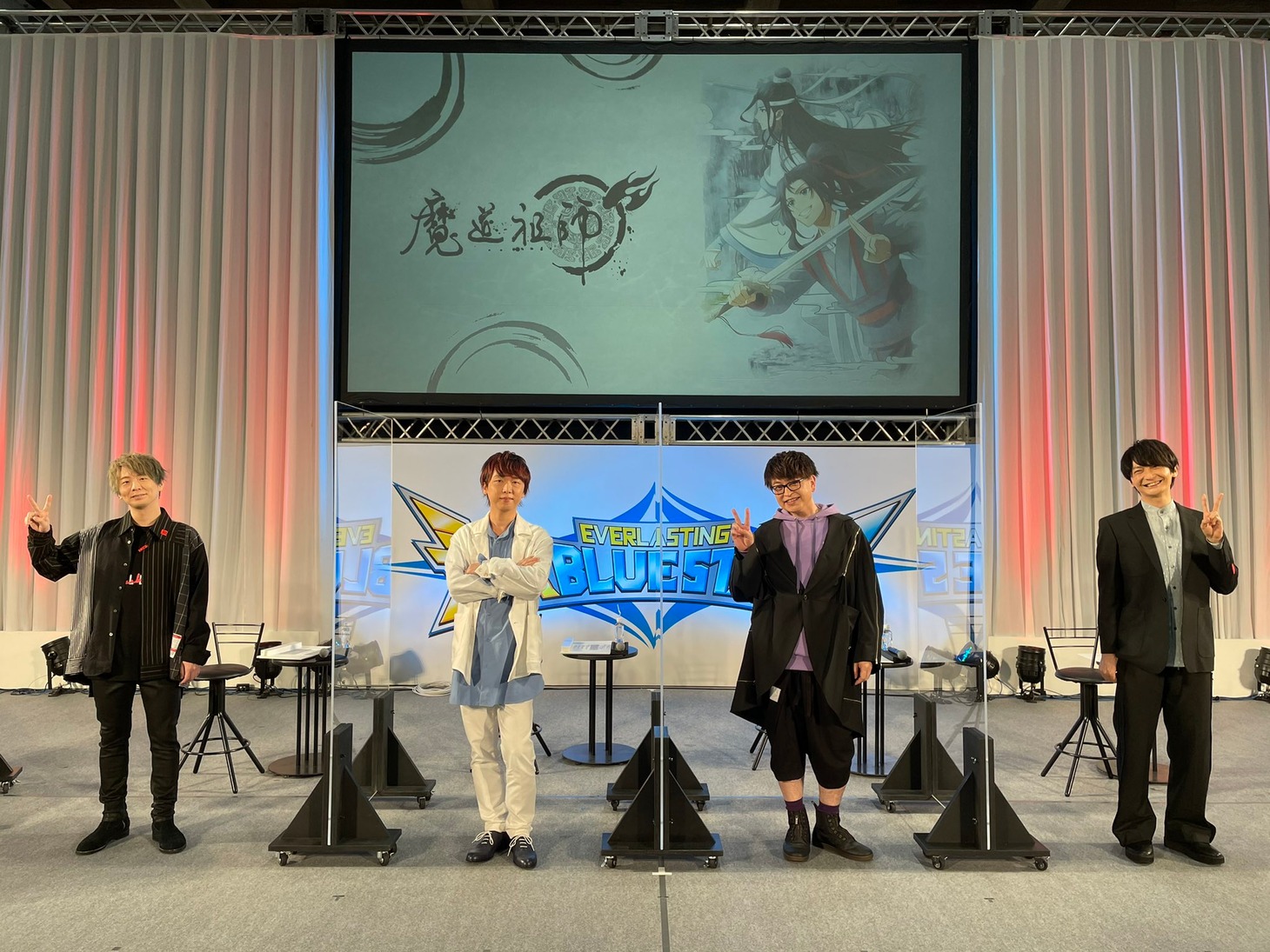 左から魏無羨役の木村良平、藍忘機役の立花慎之介、江澄役の緑川光、温寧役の島崎信長。
