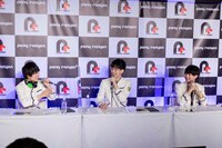 左から陸岡樹果役の草野太一、阿以蘭丸役の坂田将吾、歩照瀬焔役の田邊幸輔。