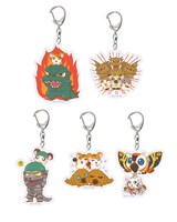 「ゴジラ」と「ハム太郎」のコラボによるアクリルキーホルダーの一部。