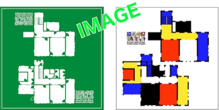 リターンとして用意された、青木俊直オリジナルデザインのバンダナ「グリーン間取図」（左）「モンドリアン風」（右）。