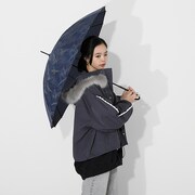 嘴平伊之助モデルのアウターと傘の使用イメージ。