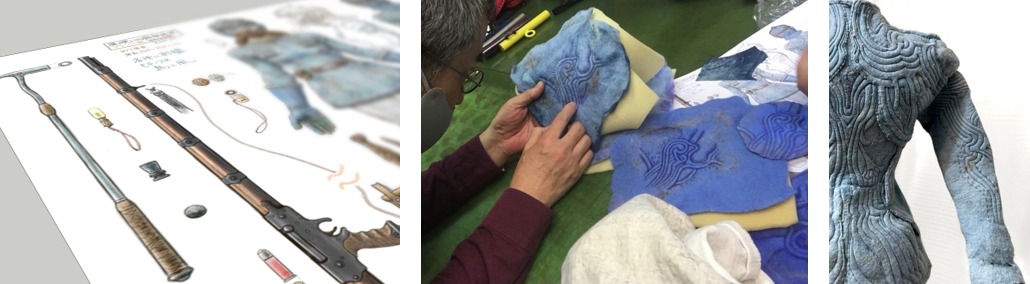 装束制作の様子と装束のスケッチ。