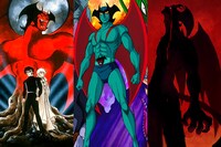 左から「デビルマン」、TVアニメ「デビルマン」、アニメ「DEVILMAN crybaby」のビジュアル。 (c)永井豪／ダイナミック企画 (c)ダイナミック企画・東映アニメ―ション (c)Go Nagai-Devilman Crybaby Project (c)VRデビルマン展実行委員