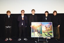 左からMCの川本成、日吉若役の岩崎征実、跡部景吾役の諏訪部順一、幸村精市役の永井幸子、切原赤也役の森久保祥太郎。