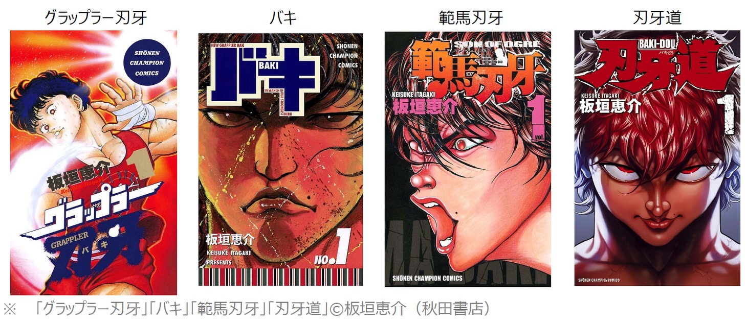 左から「グラップラー刃牙」「バキ」「範馬刃牙」「刃牙道」。