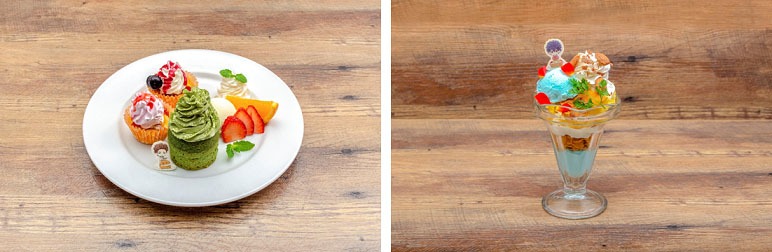左から「アルバートのカップケーキプレート」「フレッドのホワイトチョコパフェ」