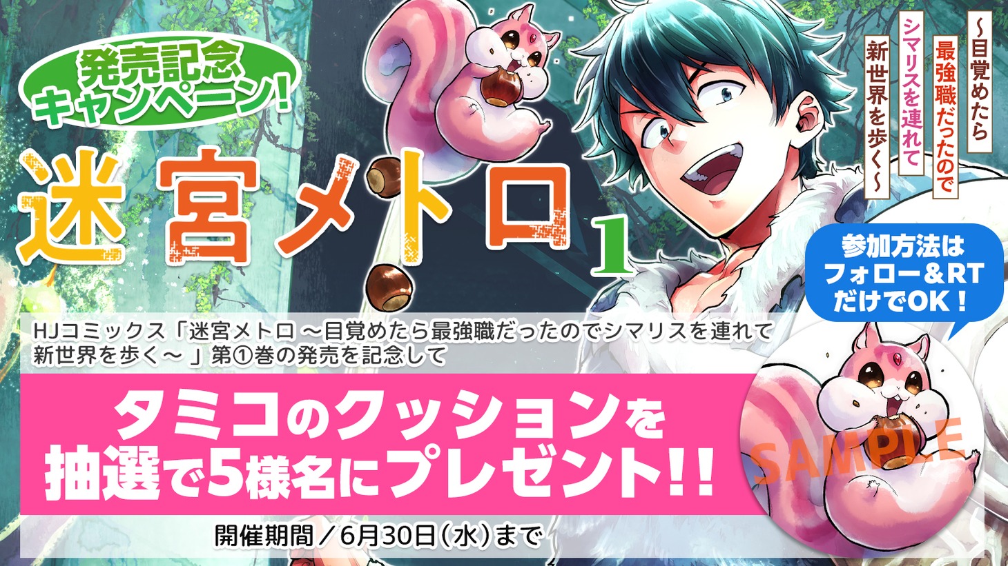 「迷宮メトロ ～目覚めたら最強職だったのでシマリスを連れて新世界を歩く～」1巻発売記念キャンペーンの告知ビジュアル。