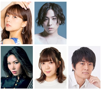 上段左から三森すずこ、蒼井翔太、下段左からRaychell、伊藤彩沙、小林親弘。