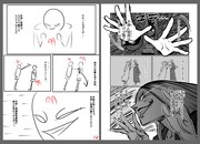 「ダンベル何キロ持てる？」13巻より。左がサンドロビッチ・ヤバ子によるネーム、右がMAAMが作画した原稿。