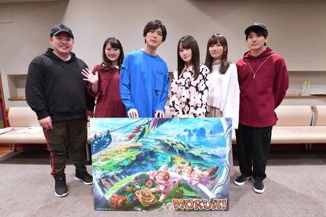 左から浜添伸也、 鈴木南名子、 神谷浩史、 小倉唯、 清都ありさ、 榎木淳弥。