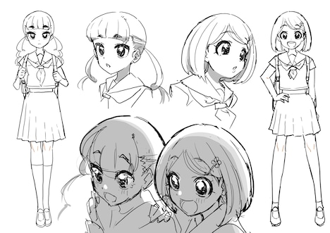 満田一によるキャラクターラフデザイン。左が屋島あかり（CV：富田美憂）、右が北山なぎ（CV：前田佳織里）。 (c)studio hb/満田一