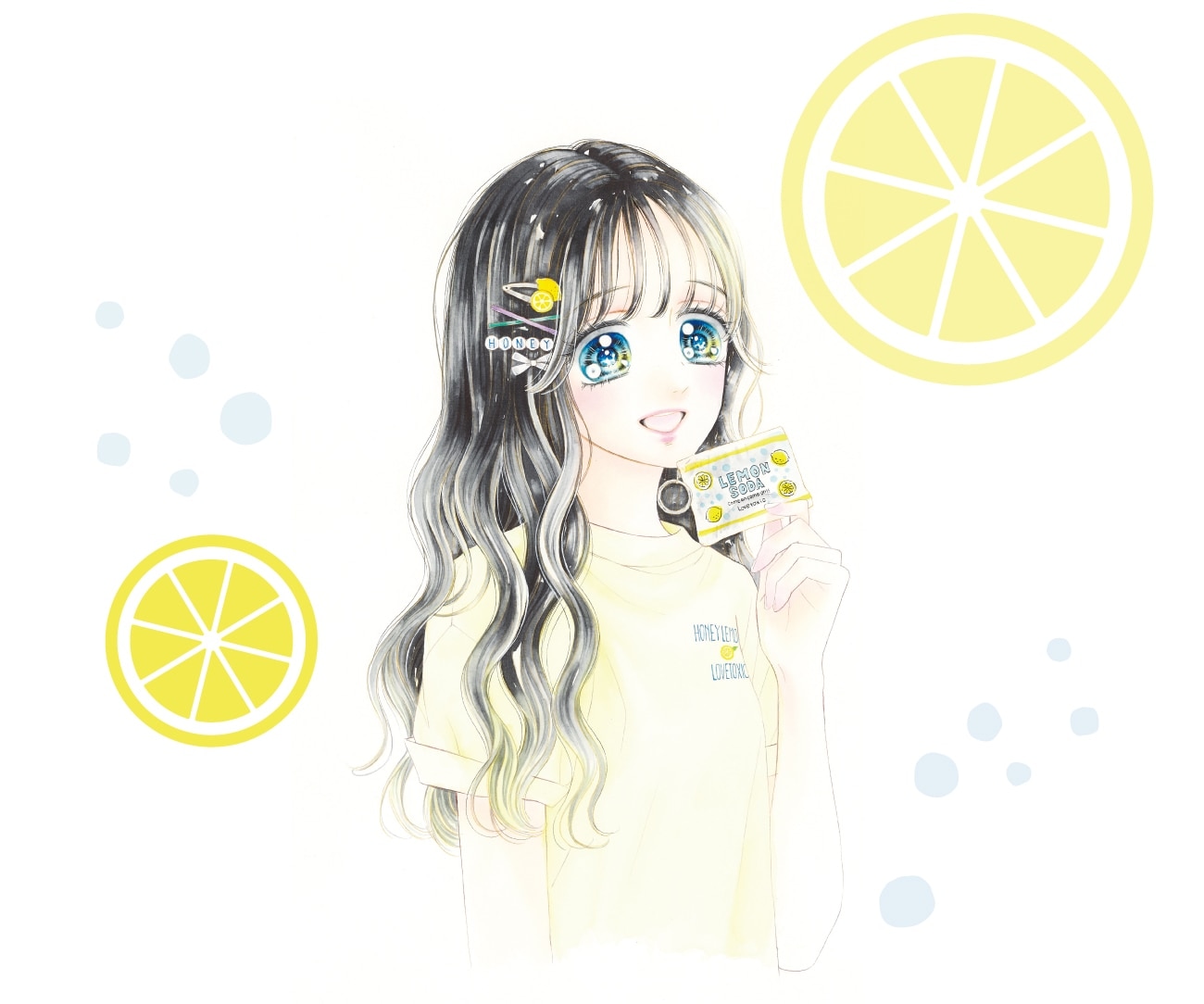 「ハニーレモンソーダ」とLovetoxicのコラボアイテムを身につけた羽花。