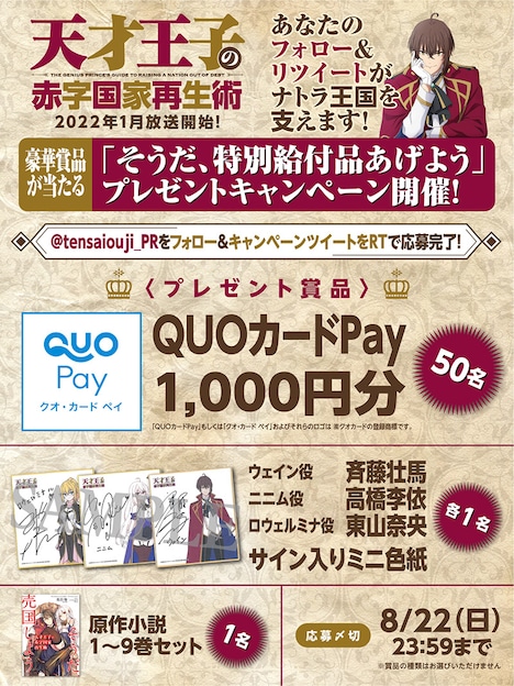 TVアニメ「天才王子の赤字国家再生術」Twiitterキャンペーンの概要。