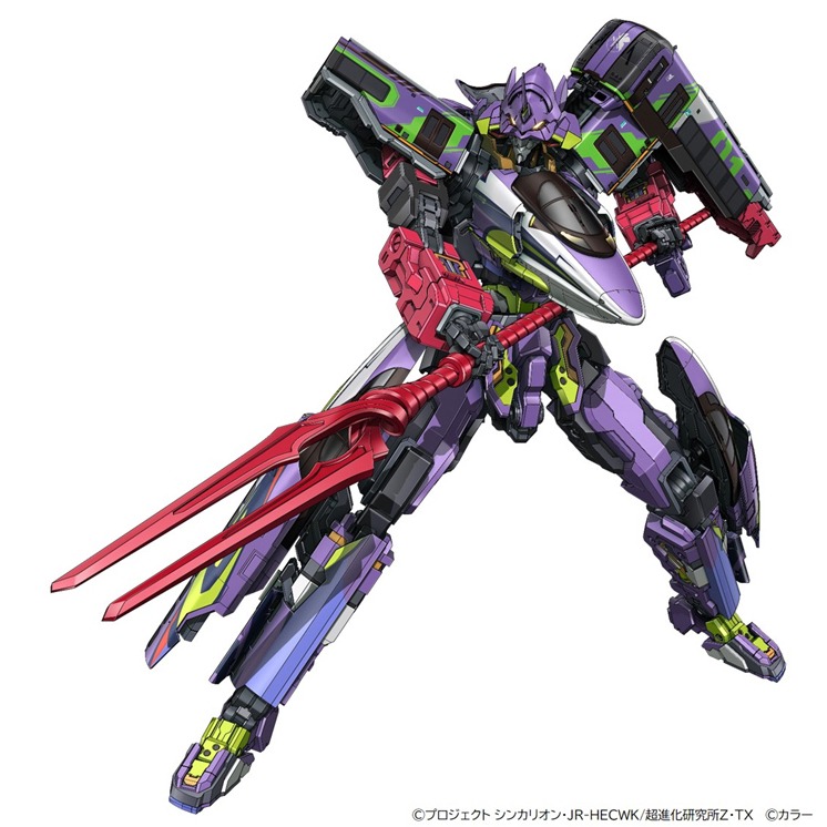 「シンカリオンZ 500 ミュースカイ TYPE EVA」の姿。「シンカリオンZ 500 TYPE EVA」と「ザイライナー ミュースカイ TYPE EVA」が“Z合体”したシンカリオン。Z合体で進化した武器「ミュースカイプログレッシブシンゴウトウ」に加え、「ブンキヌスの槍」を装備。「ブンキヌスの槍」のひと突きは、すべてのものを貫く。