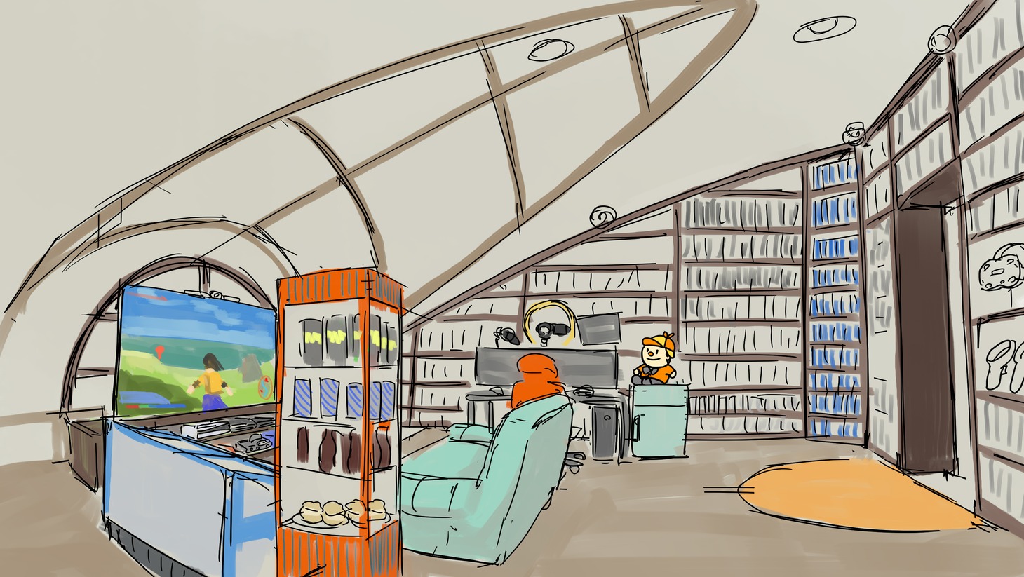 「“住まい探しダンジョン”篇」に登場する一軒家の、ゲーム部屋のイラスト。