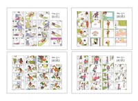 単行本版オールカラー複製画（プリント）のイメージ。 左上から時計回りで「おなら」「お風呂」「お習字」「すきっぷ」。