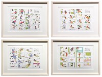 単行本版オールカラー複製画（額装あり）。 左上から時計回りで「すきっぷ」「お習字」「お風呂」「おなら」。