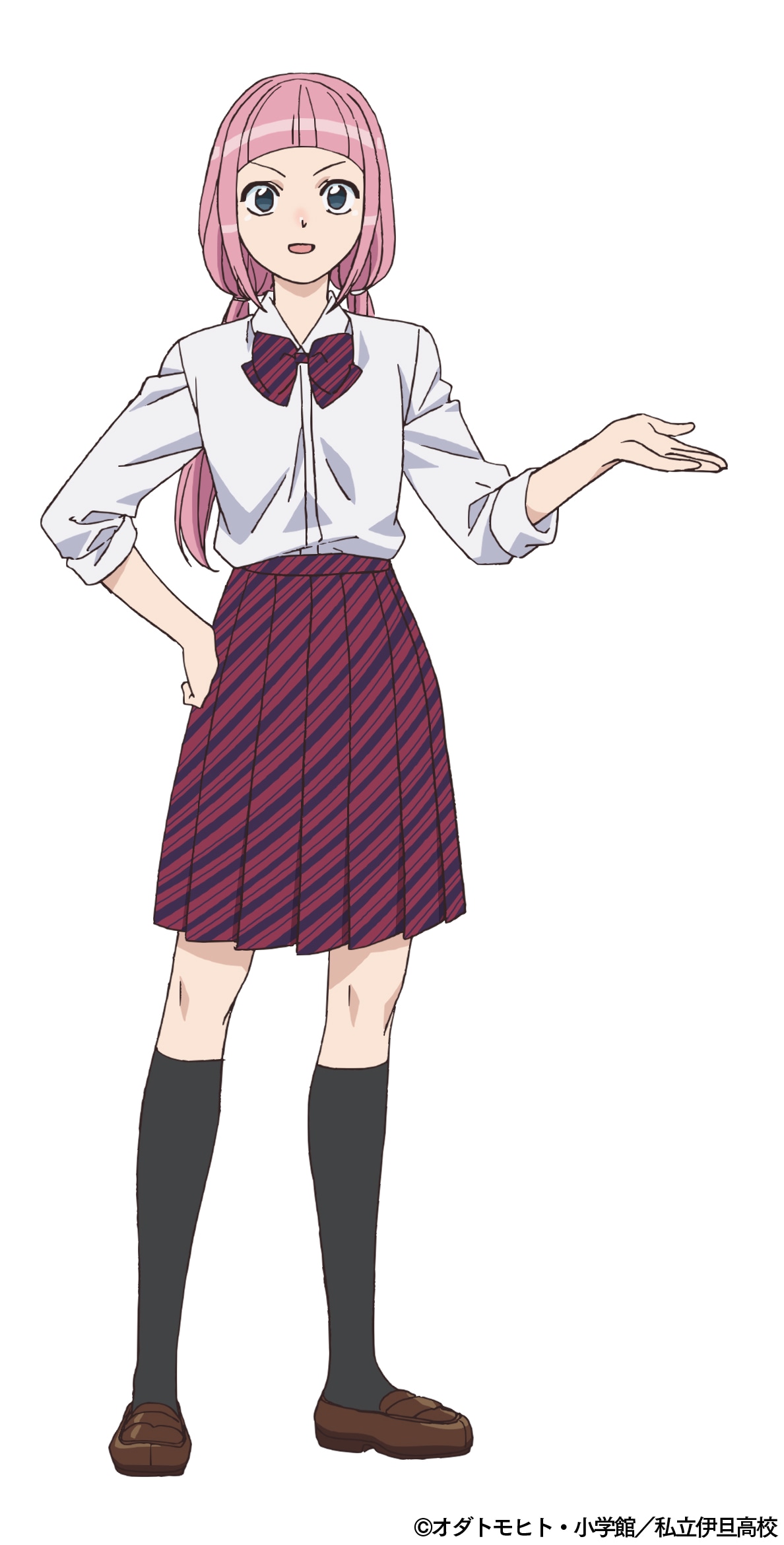 矢田野まける（CV：前島亜美）のキャラクタービジュアル。古見さんを「クラスで最も優れた存在」と見ているがゆえに、何かしらで彼女に勝ちたくて仕方がない。そのため身体測定、体力測定、テストなど、あらゆる機会を見つけて勝負を挑んでいる。