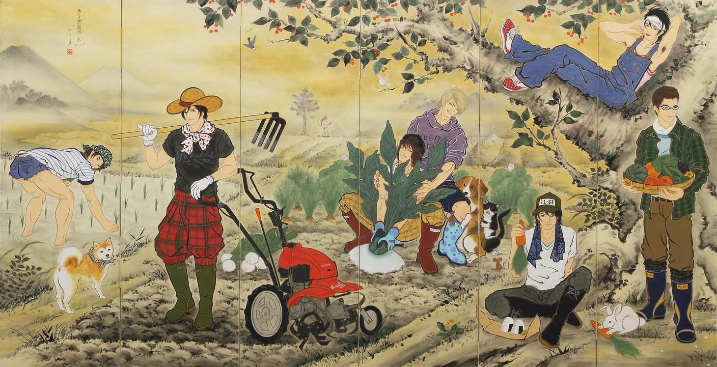 「木村了子《男子楽園図屏風 - EAST & WEST》（左隻）2011、作家蔵 撮影：宮島径」