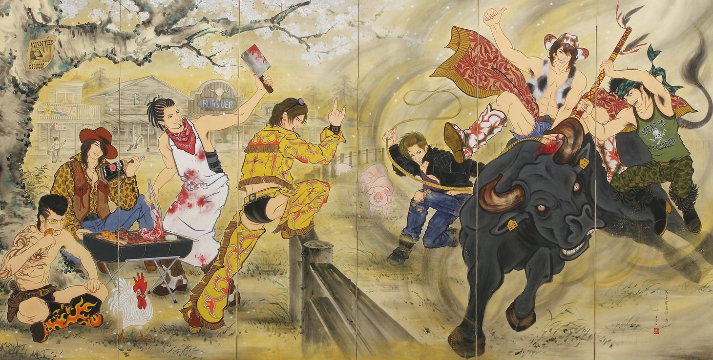 「木村了子《男子楽園図屏風 - EAST & WEST》（右隻）2011、作家蔵 撮影：宮島径」