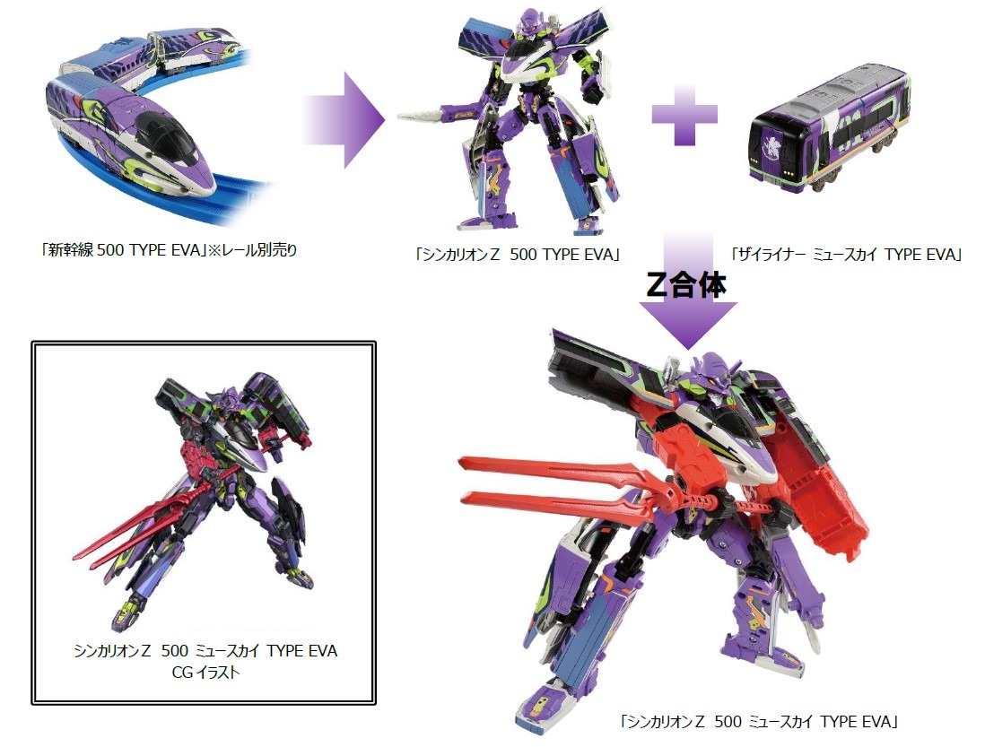 プラレール「新幹線変形ロボ シンカリオンＺ 500 ミュースカイ TYPE EVA」の変形合体イメージ。(c)ＴＯＭＹ (c)プロジェクトシンカリオン・JR-HECWK/超進化研究所Z・TX (c)カラー