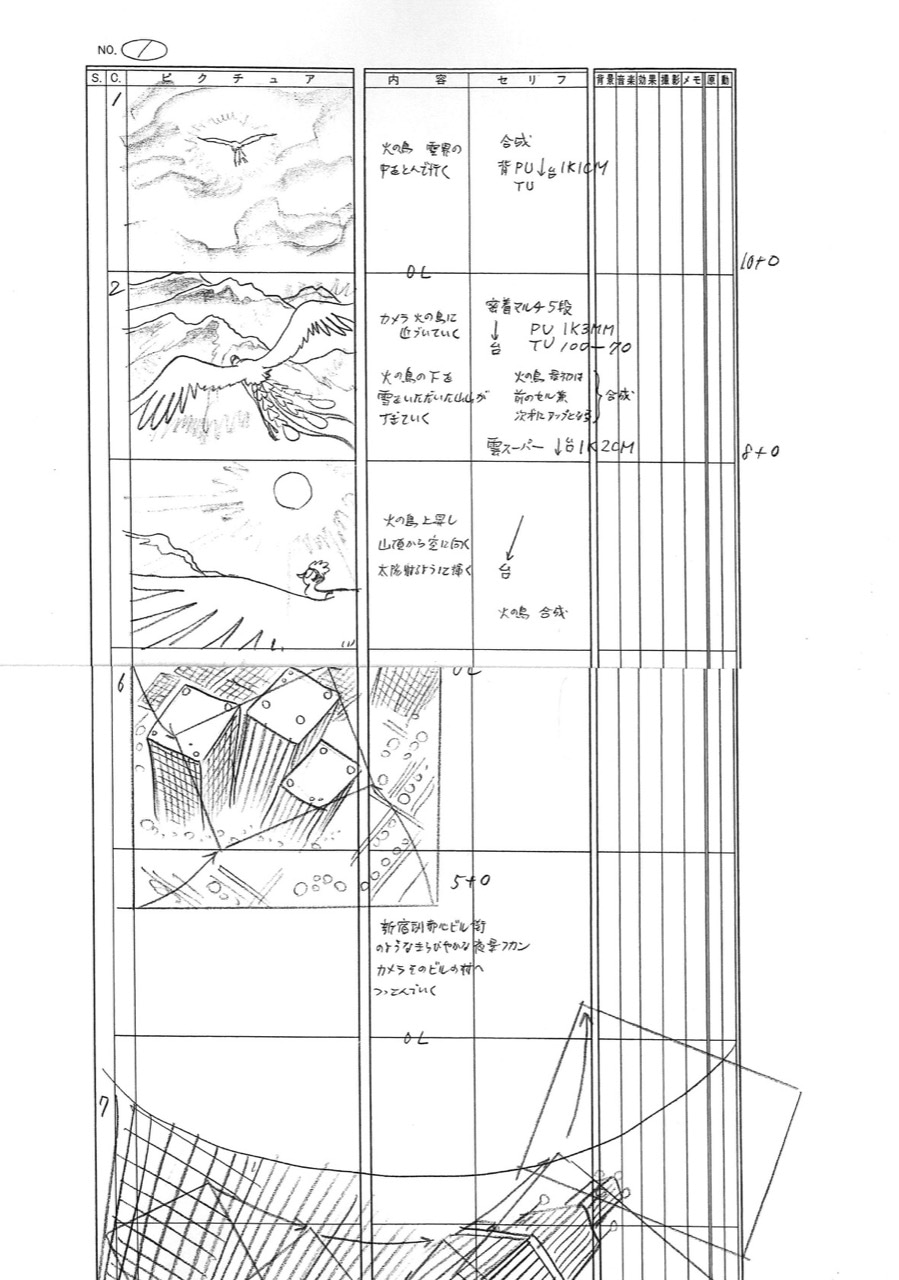 手塚治虫によるアニメパートの絵コンテ。