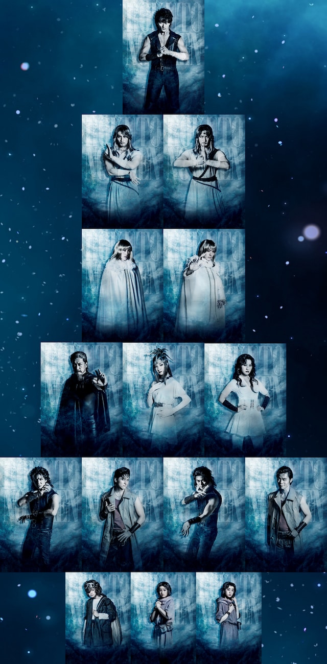 上からケンシロウ、トキ、シン、リュウケン、トウ、マミヤ、レイ、ジュウザ、バット、リンのイメージビジュアル。(c)武論尊・原哲夫／コアミックス 1983 版権許諾証GS-111