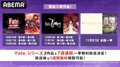 アニメ「Fate」シリーズ一挙配信の告知ビジュアル。