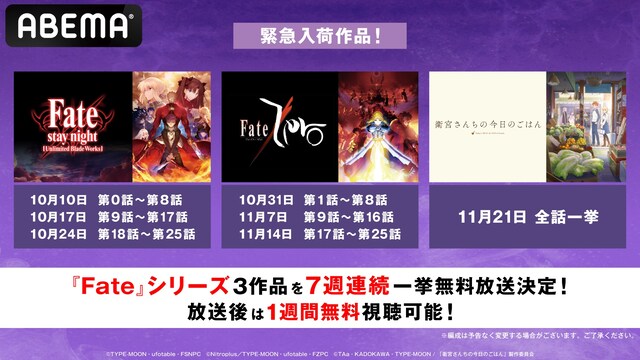 アニメ「Fate」シリーズ一挙配信の告知ビジュアル。