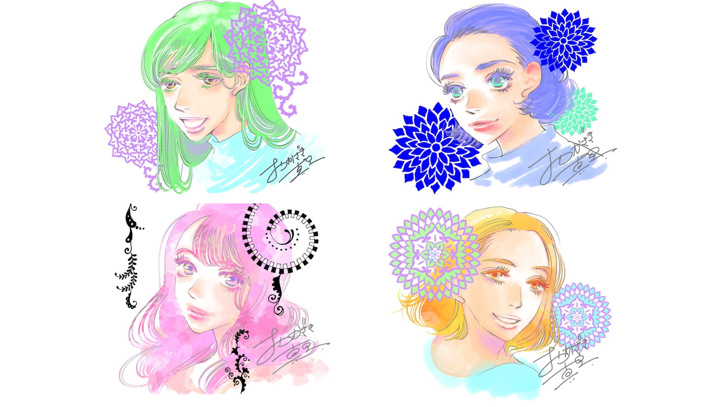 おかざき真里による「ずっと独身でいるつもり？」キャストの似顔絵。