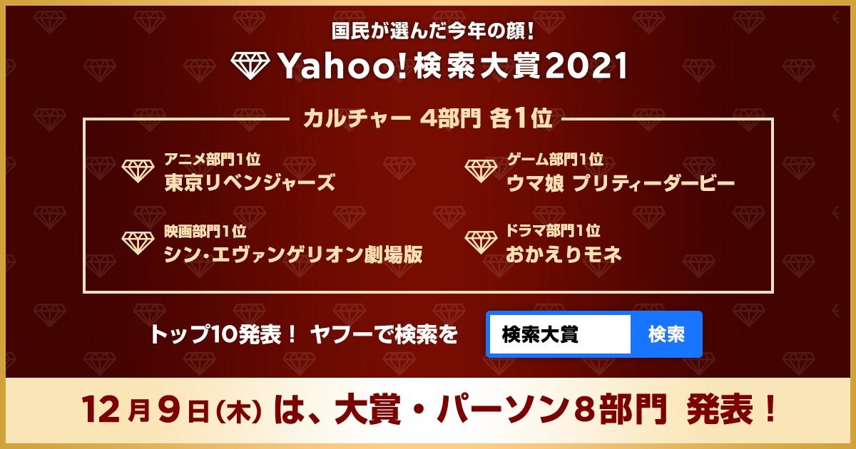 「Yahoo!検索大賞2021」カルチャーカテゴリー4部門。