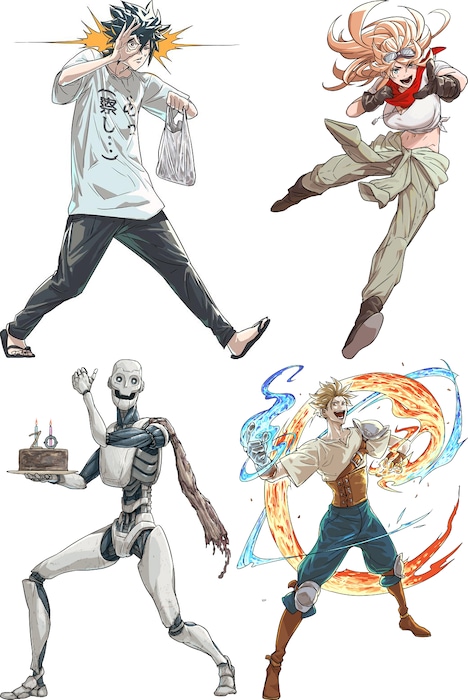 左上から時計回りに「サイコアイズ」「オカヅリ」「死霊勇者」「ゾンビアンドロイド」のカット。(c)カトウタカヒロ/小学館