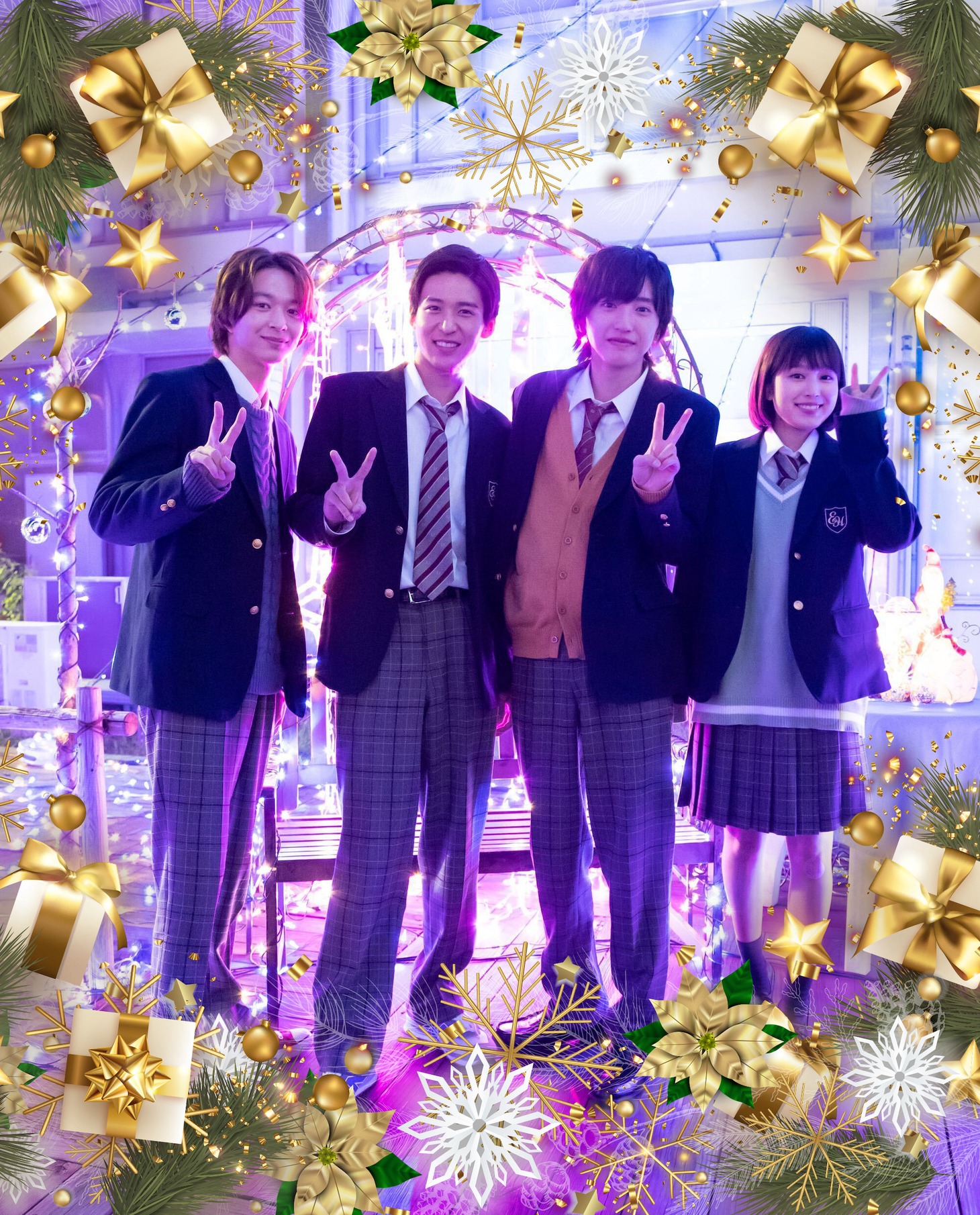 TVドラマ「消えた初恋」のキャスト。左から鈴木仁、目黒蓮（Snow Man）、道枝駿佑（なにわ男子、関西ジャニーズJr.）、福本莉子。