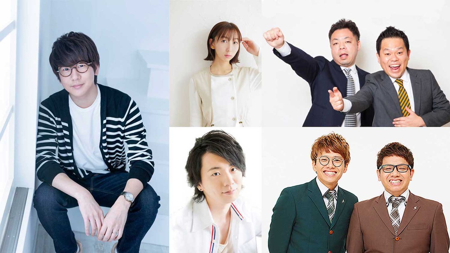「映画 オッドタクシー イン・ザ・ウッズ」キャスト。左から時計回りに花江夏樹、飯田里穂、ダイアン、ミキ、木村良平。