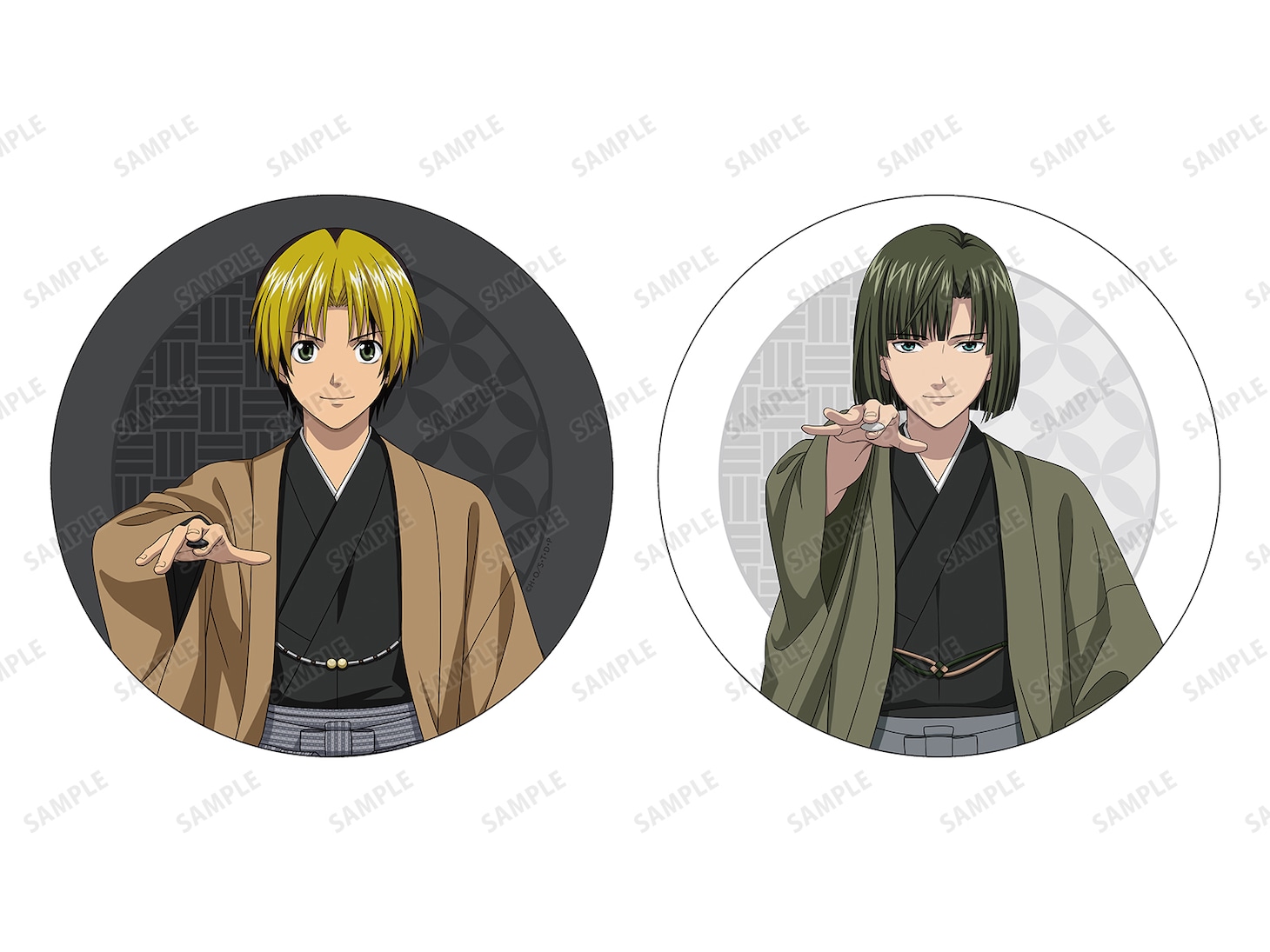 「描き下ろしイラスト 進藤ヒカル＆塔矢アキラ 和装対局ver. ラウンドクッション」の表面と裏面。