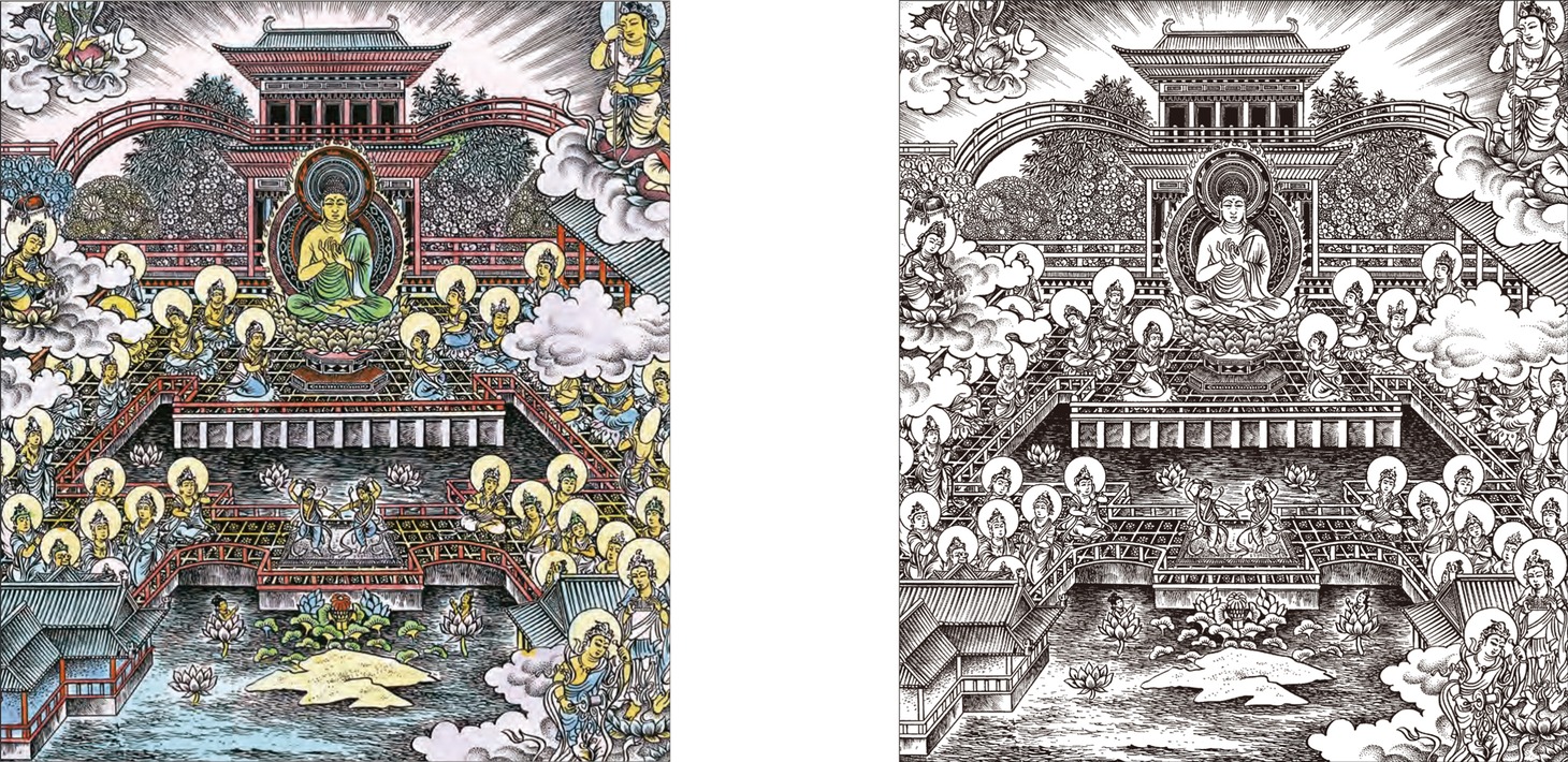 「水木しげるの大人の塗り絵 あの世紀行」より、往生要集「阿弥陀の浄土」原画（左）、塗り絵（右）。Tokuma Shoten (c)Mizuki Production