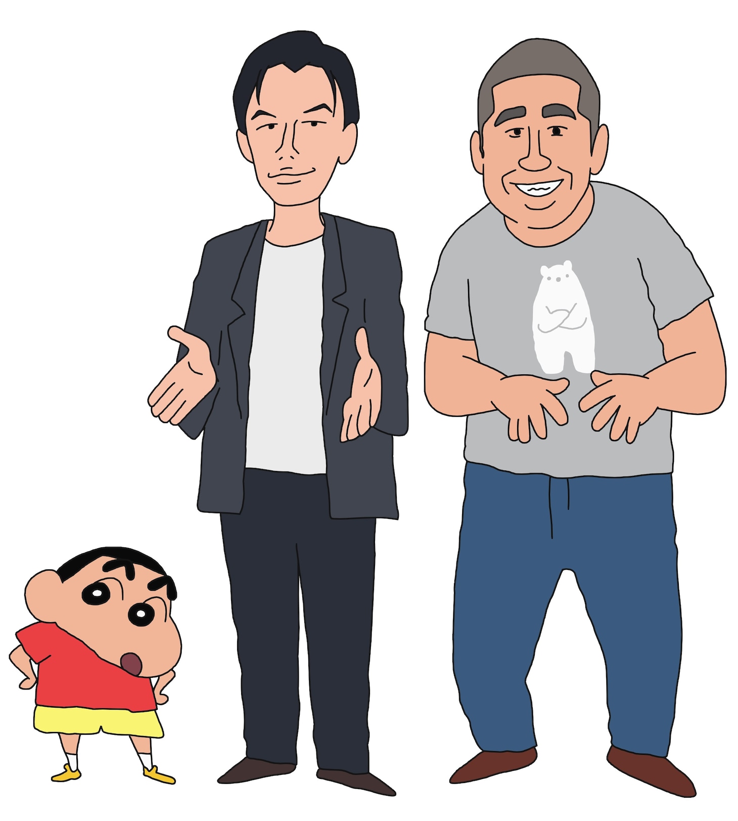 左からしんのすけ、芸人・ハライチ（CV：岩井勇気、澤部佑）。