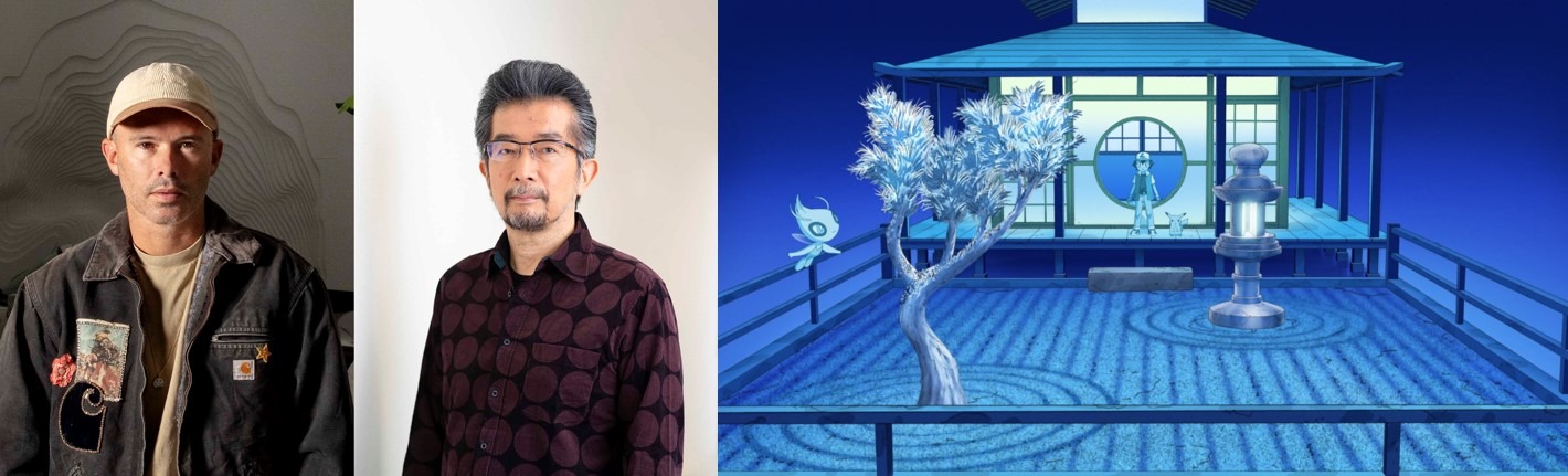 左からダニエル・アーシャム、 湯山邦彦監督、「“A Ripple in Time” by Pokemon x Daniel Arsham」の1コマ。