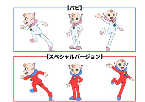 上から「映画ドラえもん のび太の宇宙小戦争（リトルスターウォーズ）2021」に登場するパピ、「映画ドラえもん のび太の新恐竜」のオンエア中に登場するパピ。