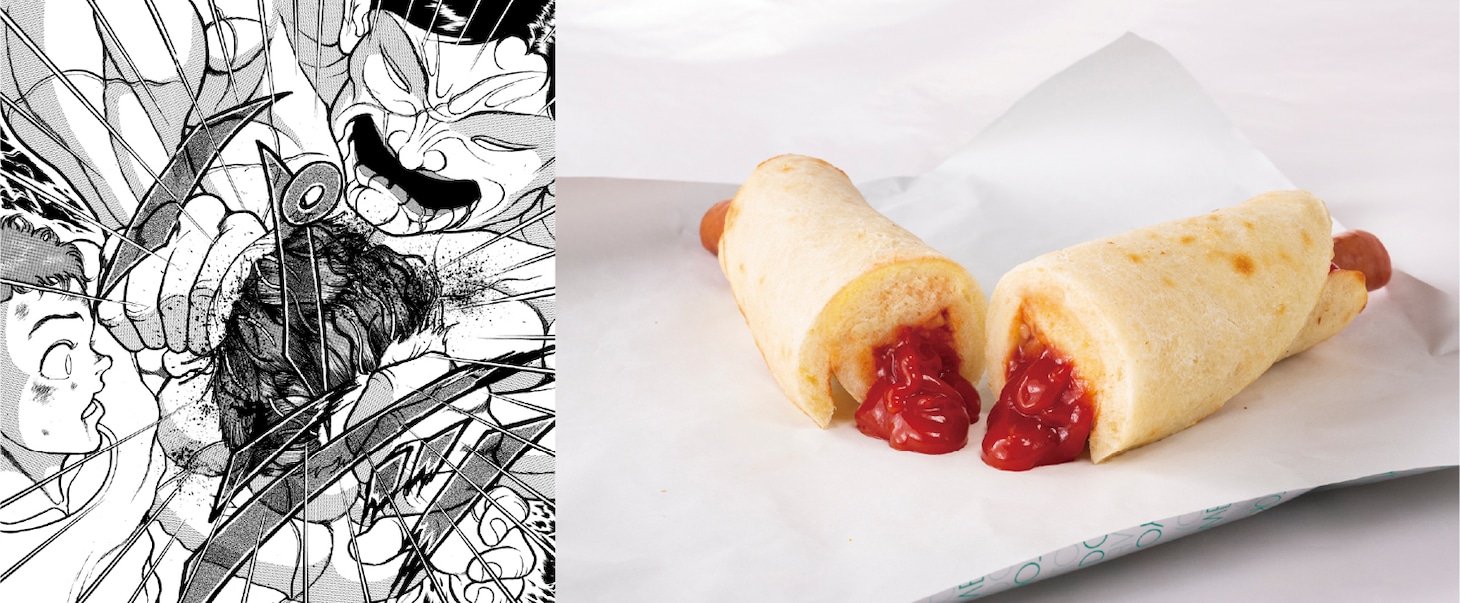 HOT DOG STANDで提供される「花山薫の握撃ドッグ」イメージ。 (c)板垣恵介(秋田書店)1992