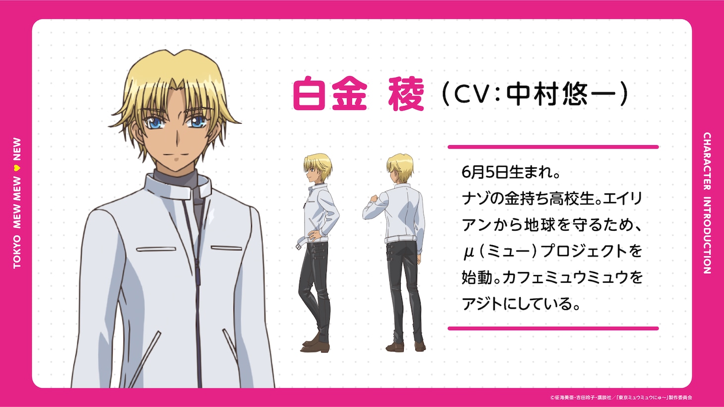 白金稜（CV：中村悠一）。ナゾの金持ち高校生。エイリアンから地球を守るため、μ（ミュー）プロジェクトを始動。カフェミュウミュウをアジトにしている。 (c)征海美亜・吉田玲子・講談社／「東京ミュウミュウにゅ～」製作委員会