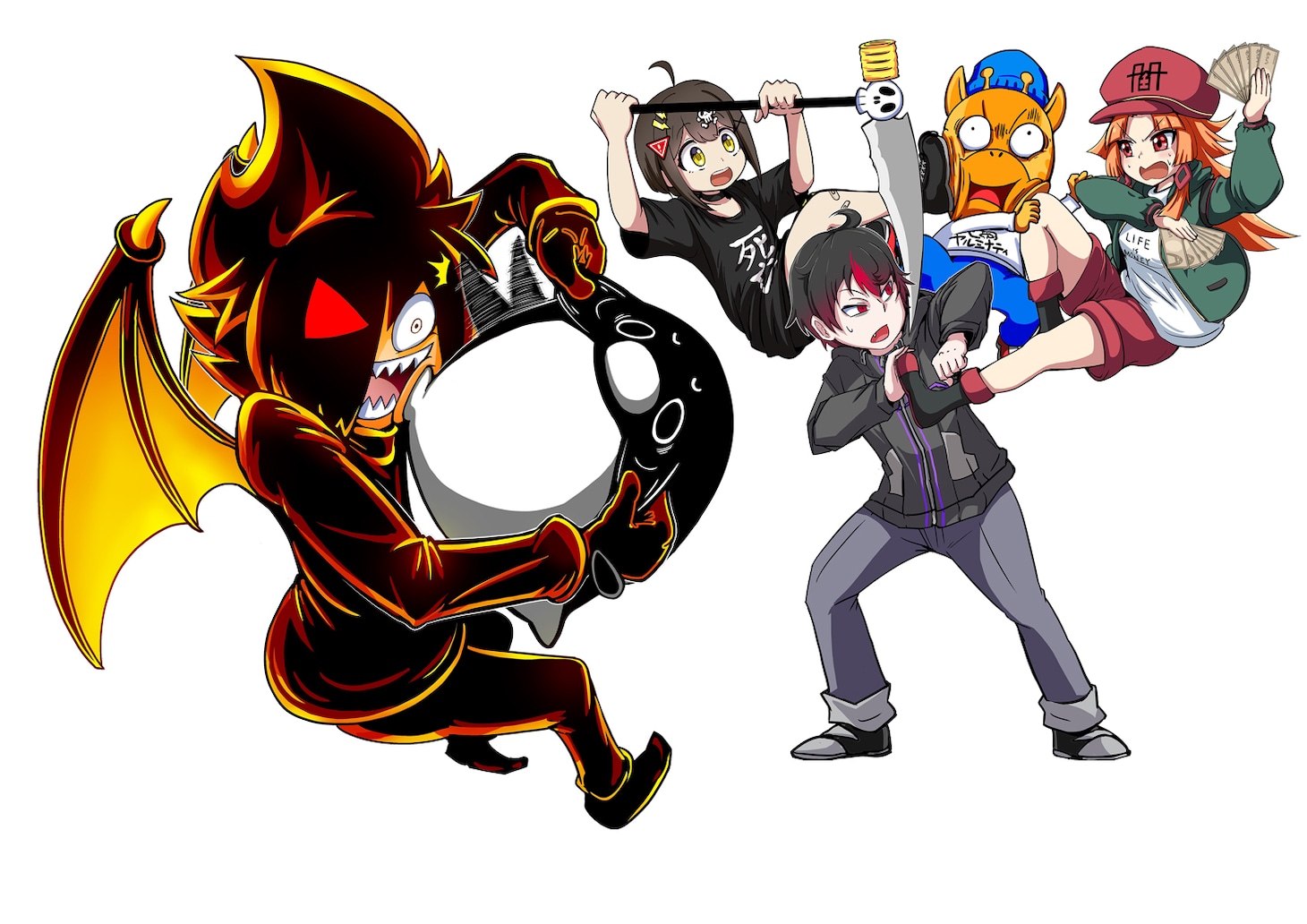 「ブラックチャンネル」のブラック（左）とPlott制作によるアニメのキャラクターたちとのコラボイラスト。