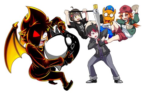 「ブラックチャンネル」のブラック（左）とPlott制作によるアニメのキャラクターたちとのコラボイラスト。