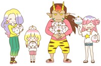 左から鬼神むつみ（CV：能登麻美子）、鬼神めい（CV：神月柚莉愛）、地獄さん（CV：諏訪部順一）、鬼神はづき（CV：加隈亜衣）。