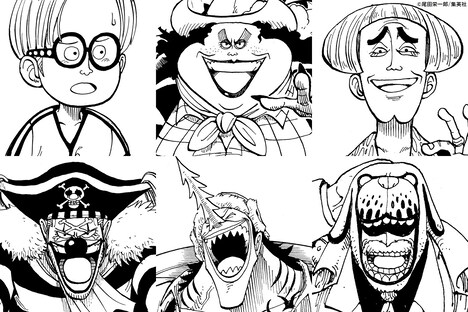 上段左から時計回りにコビー、アルビダ、ヘルメッポ、ガープ、アーロン、バギー。