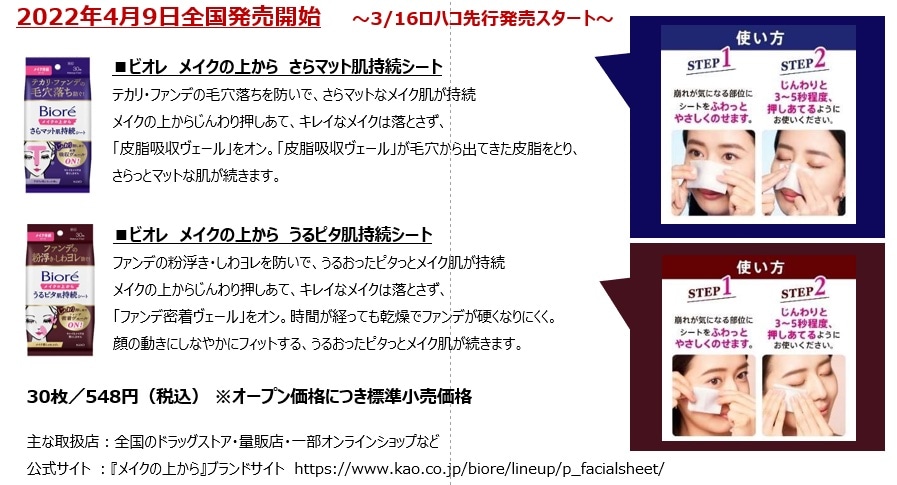 「ビオレ メイクの上から さらマット肌持続シート」「ビオレ メイクの上から うるピタ肌持続シート」情報