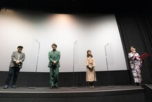 TVアニメ「であいもん」先行上映会の様子。左から追崎史敏監督、島崎信長、結木梢、大原さやか。