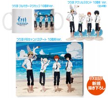 左から時計回りにキャラクタ－デザイン・宇木敦哉の描き下ろしイラストを使用したマグカップ、アクリルスタンド、F6サイズのキャンバスアート。