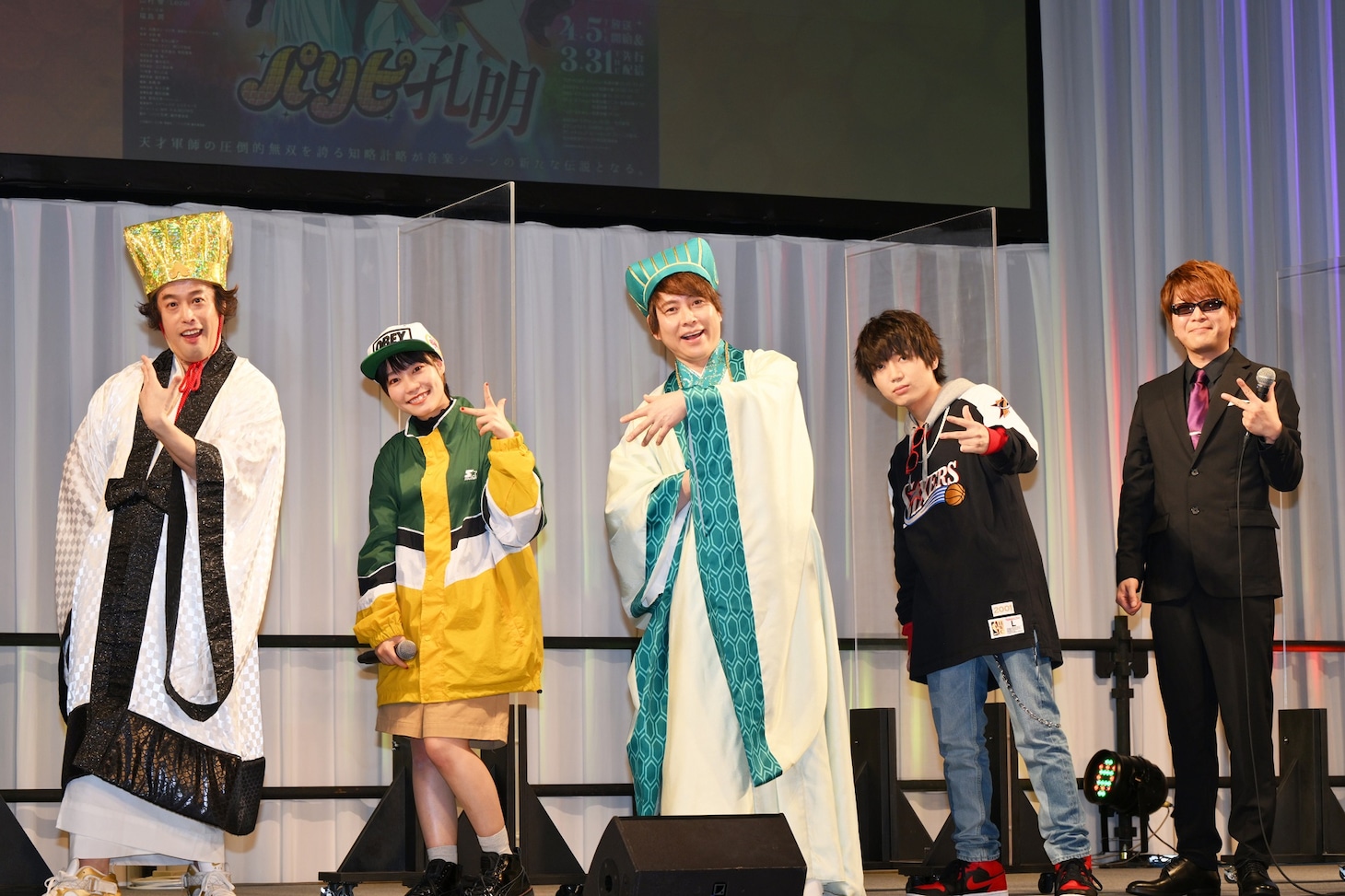 左からやついいちろう、本渡楓、置鮎龍太郎、千葉翔也、福島潤。