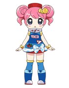 堀江タコスロ墨（CV：東山奈央）。パチスロ機「タコスロ」が変身した女の子。たこ焼き屋台を営みながらも、自分が撮ったネタ動画がバズる日を夢見て今日もスベリ続けるお笑い系スロ娘。